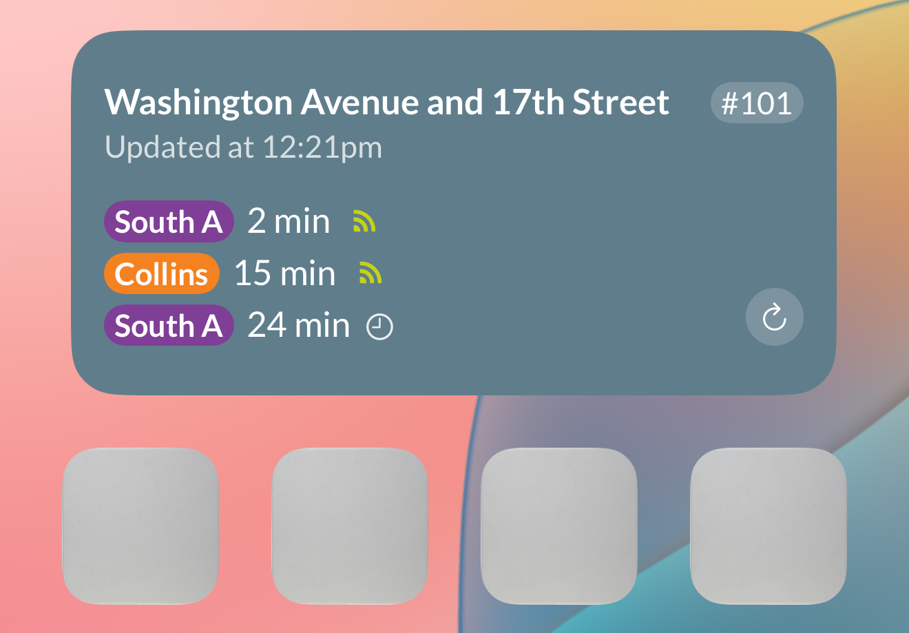 Widget de pantalla de inicio de iOS mostrando tiempos de llegada en vivo del trolley para Washington Avenue y 17th Street, South A en 2 minutos y Collins en 15 minutos
