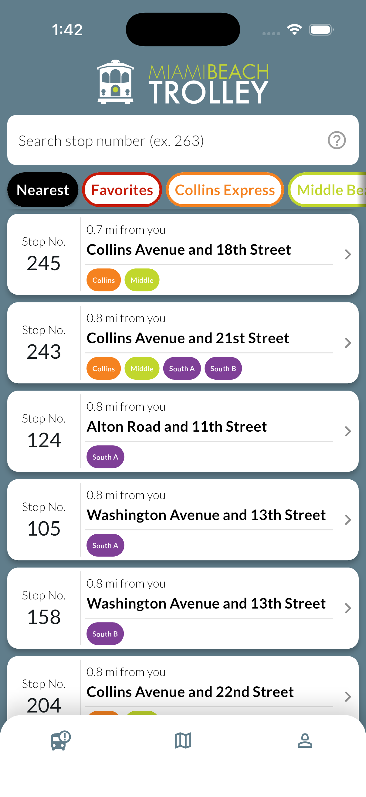 App Miami Beach Trolley Tracker mostrando paradas cercanas con información de llegada en vivo