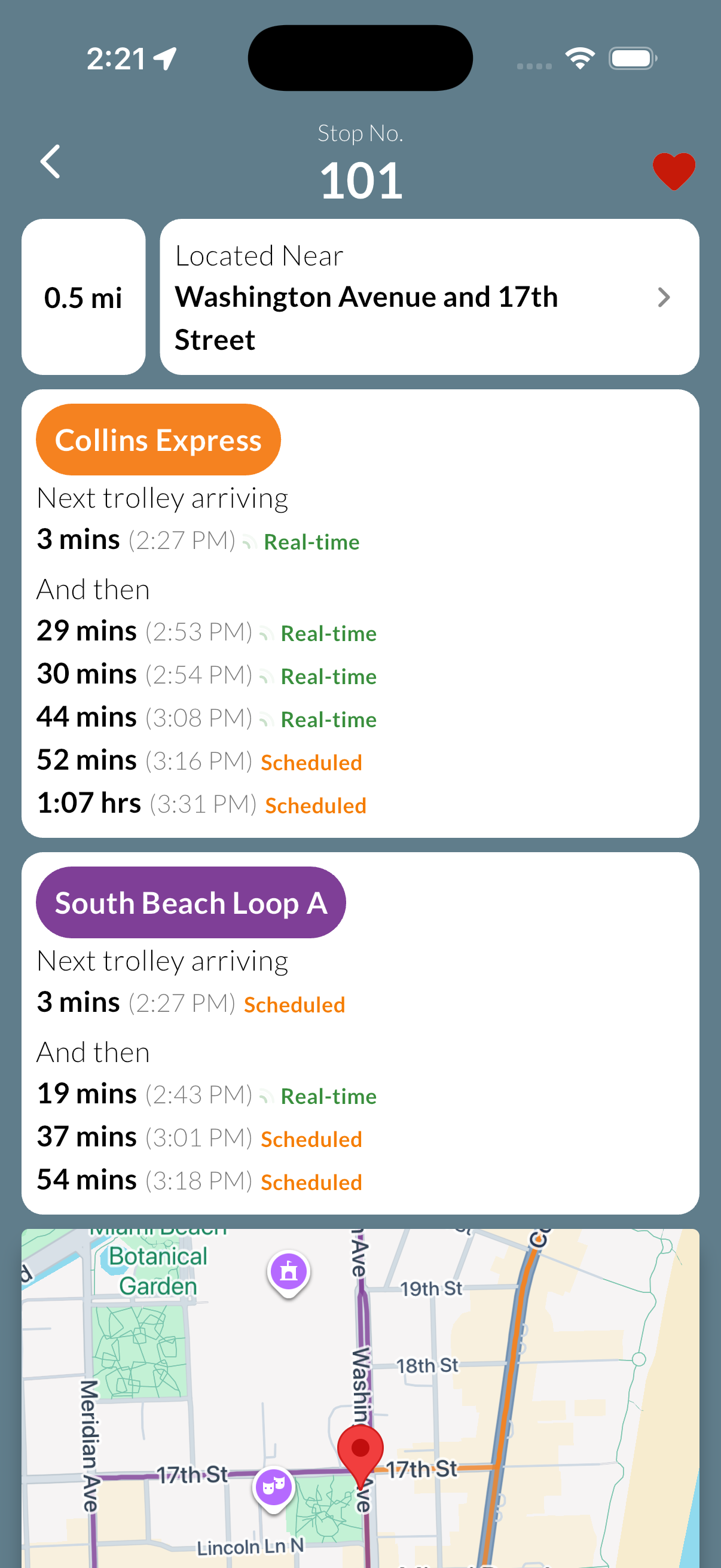 Pantalla de detalles de parada mostrando Collins Express llegando en 3 minutos con datos en vivo y próximas llegadas de South Beach Loop